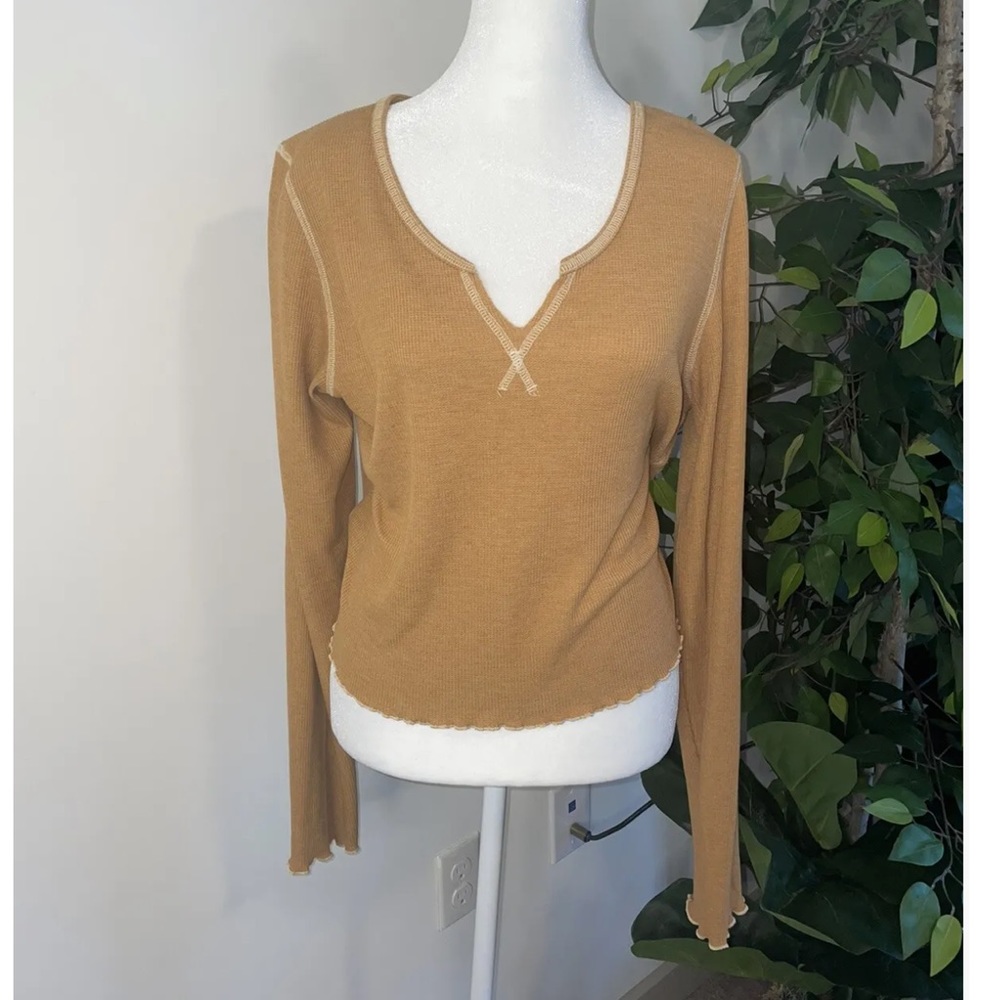 American Eagle Crop Thermal Tee Long Sleeve Tan size XL